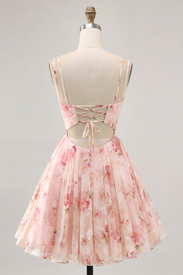 Blush Floral A Line Square Neck Corset Printed Short Prom Dress
